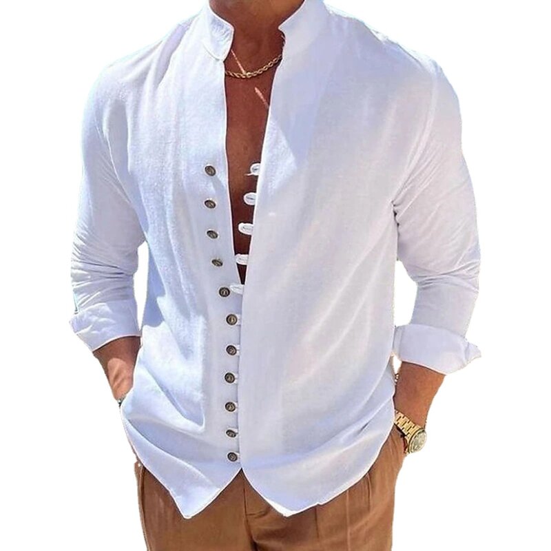 Camisa de botão manga comprida masculina, vintage, solta, cor sólida, tamanho grande, casual, primavera, outono, nova