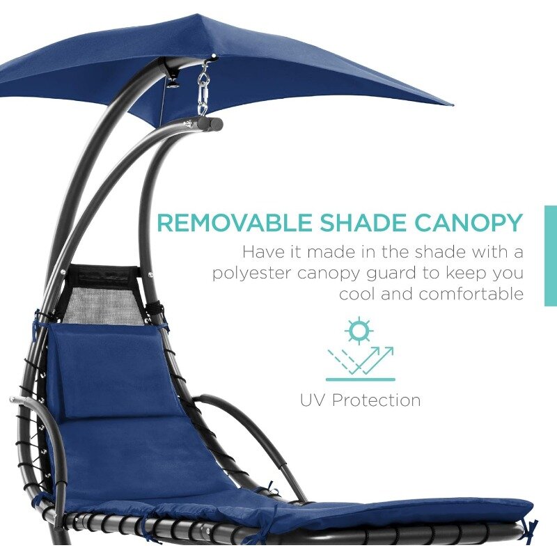 Suspensão ao ar livre curvo aço Chaise Lounge Chair, Balanço com travesseiro embutido, dossel removível, azul marinho, melhor escolha produtos