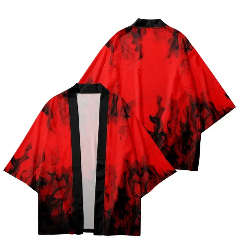 ملابس تقليدية يابانية للرجال والنساء ، كيمونو ، هاوري ، يوكاتا ، مطبوعة ثلاثية الأبعاد ، بنمط أحمر وأسود ، موضة غير رسمية ،