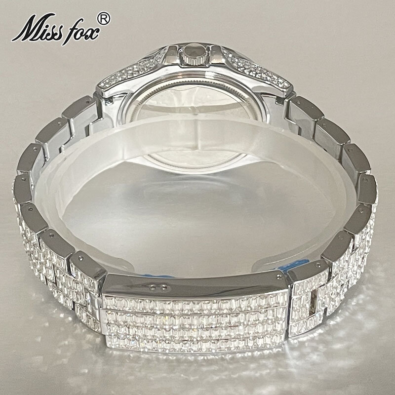 MISSFOX-Montre-bracelet Iced Out pour homme, date automatique, Hip Hop, grand carré, diamant, montre-bracelet Bling, marque de luxe, mode masculine