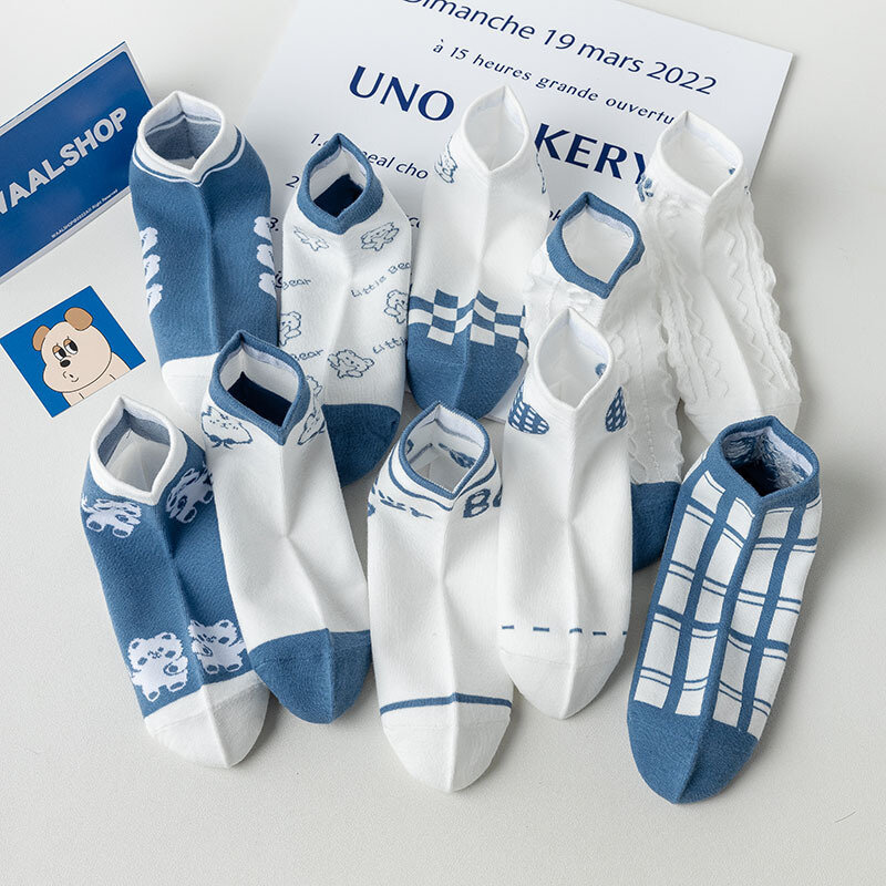 Синие женские носки, женские носки, невидимые летние тонкие милые носки в южнокорейском стиле с низкой талией и медведем в японском стиле