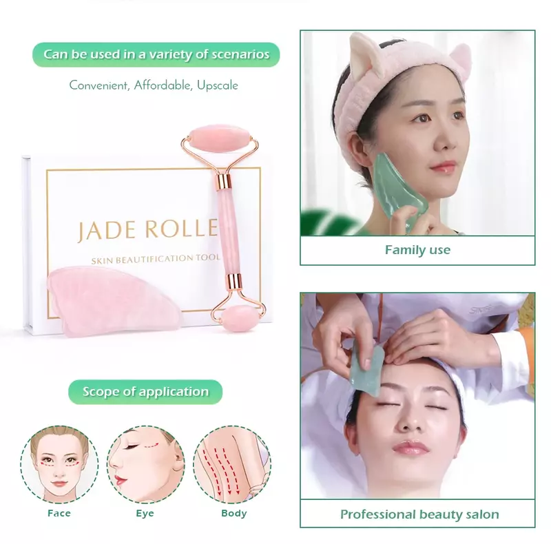 Rose Quartz Natural Jade Roller Gua Sha Scraper Set Rodillo masajeador facial para cara Cuerpo Cuello Lifting Apretar Adelgazar Cuidado de la piel Herramientas de belleza
