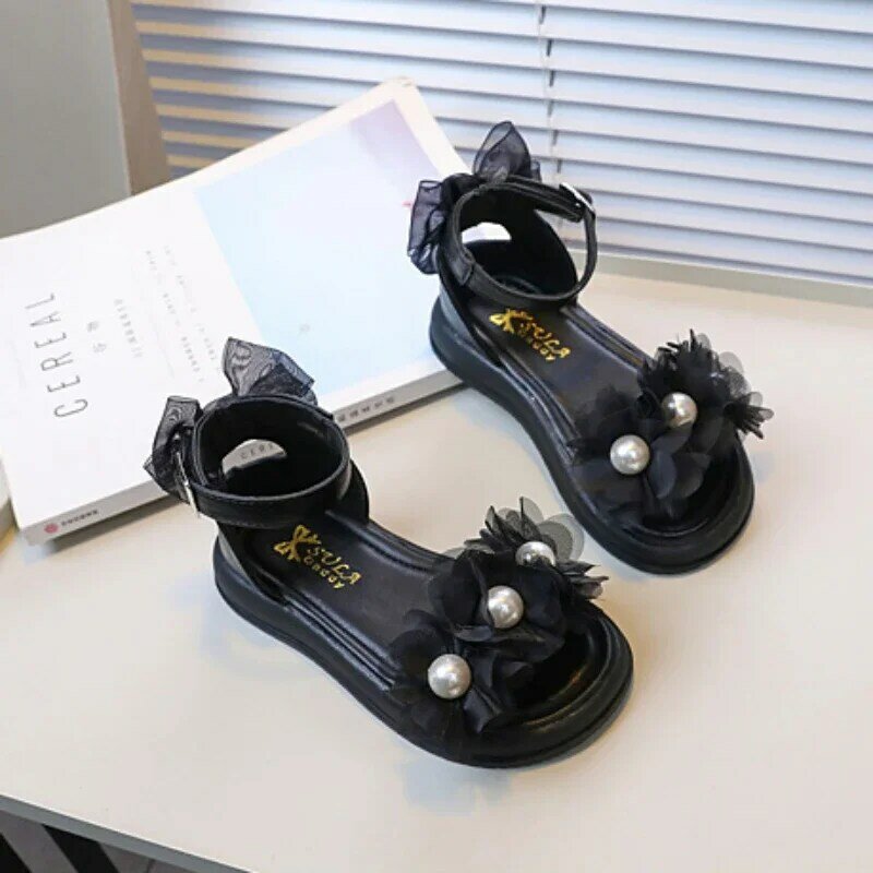 Элегантные классические сандалии принцессы для девочек, летние сандалии 2024 с милым бантом, Детские повседневные римские сандалии с ремешком на щиколотке, модные детские сандалии с жемчугом