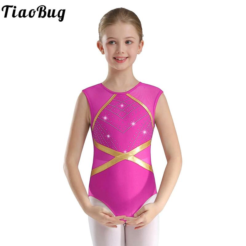 TiaoBug Kids Girls Rhinestones Sleeveless Gymnastics Dance Leotard Bodysuit Keyhole Back with Shorts for Figure Skating