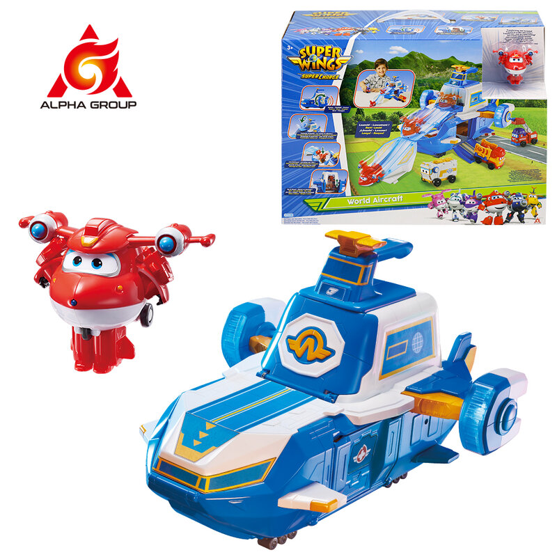 Super wings s4 world aircraft playset base movente de ar com luzes & som inclui 2 jejett transformando bots brinquedos para presentes das crianças