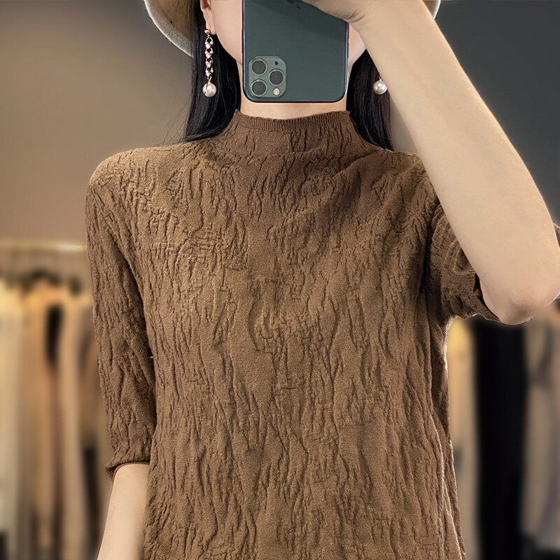 Suéter de cachemira de manga corta para mujer, jersey de Cuello medio alto coreano, top informal, primavera y otoño, novedad de 2023
