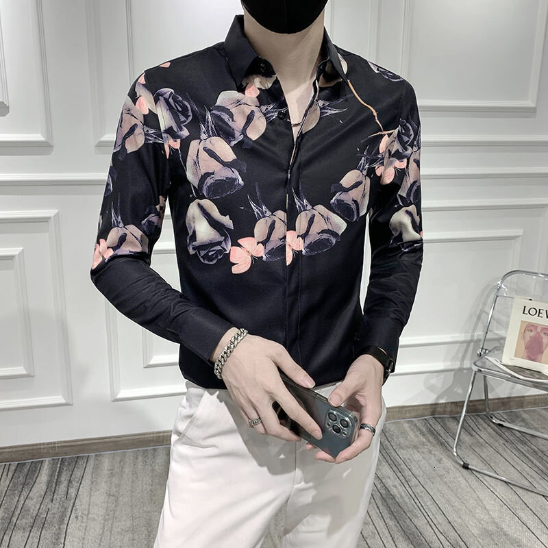 Floral Koreanische 2023 Herbst Hemd Slim Fit Casual Männer Sozialen Shirt Langarm Nacht Club Camisa Masculina Luxus Männer Blume hemd