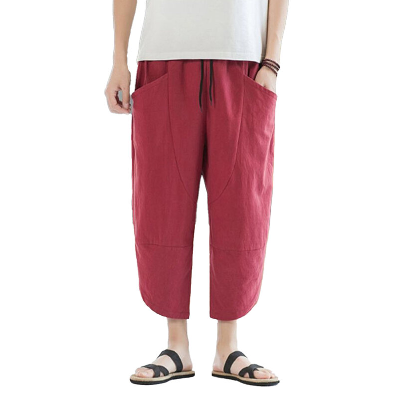 Pantalones Capri de algodón y lino para hombre, pantalones finos de lino, pantalones cortos sueltos informales para playa, pantalones Harajuku Hip Hop, pantalones Samurai