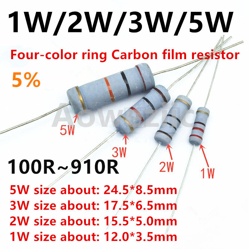 Resistencias de película de carbono 200 (100R-910R), anillo de resistencia de potencia 390R 430RJ 470R 510ΩJ 560R 620R 680R 750R 820R 910RJ Ohm, 5% piezas, 3W