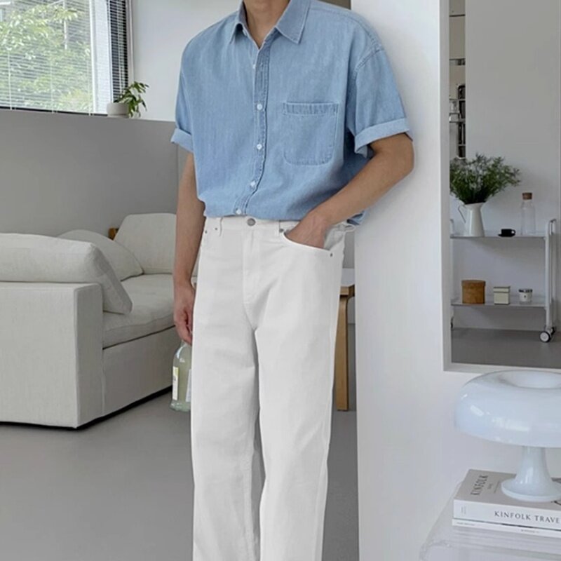 Camisa denim de algodão para homens, camisa de manga curta com bolso único, casual, slim fit, alta qualidade, cowboys