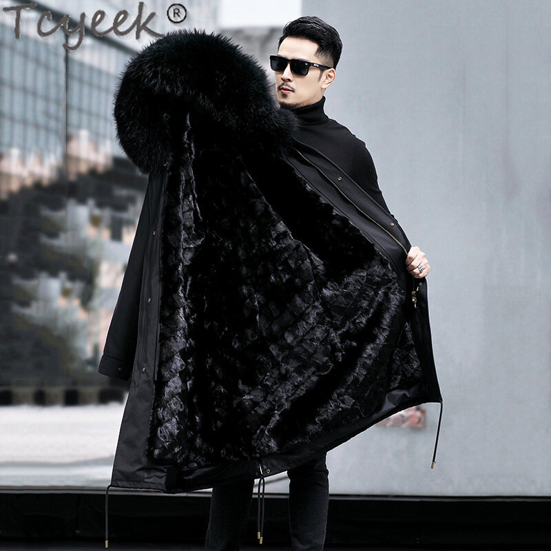 Tcyeek-Parka de piel de visón Real para hombre, ropa de invierno, abrigo de piel de zorro desmontable, Cuello de piel