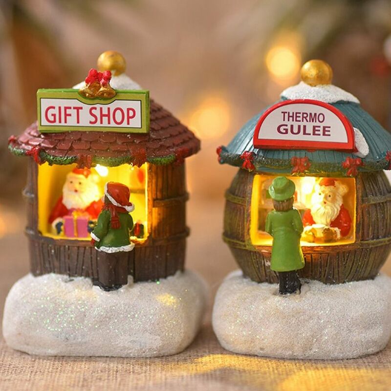 Decoraciones navideñas de casas de resina, adornos de luces LED nocturnas, regalos de Navidad para niños, adorno de micropaisaje