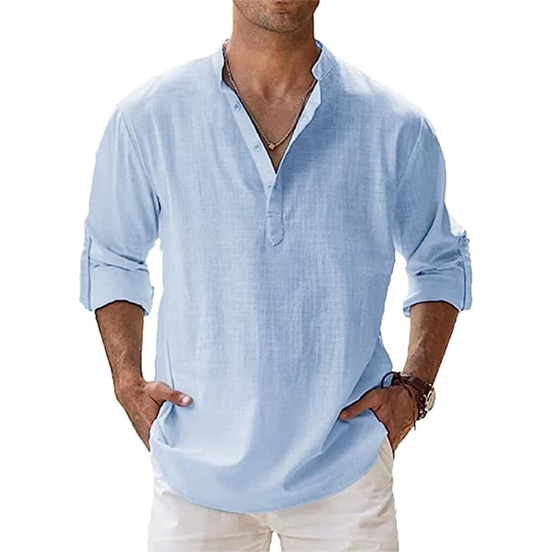 Camisas de algodón de lino para hombre, camisa informal de manga larga con botones, cuello de banda, Tops sueltos, M-5XL
