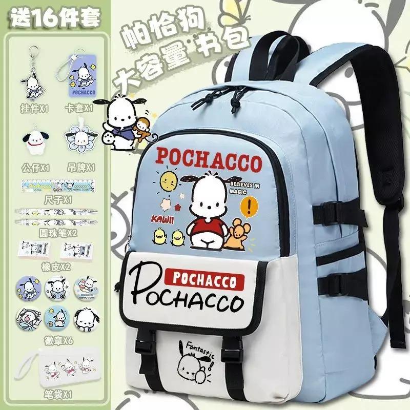 Sanrio Pacha Dog Cartoon Schoolbag, grande capacidade mochila, impermeável, bonito, estudante, crianças, novo