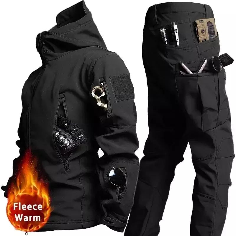 Camo Tactical Sets Men Outdoor Multi-pocket Hooded Jackets+Straight Cargo Pants 2 Pcs Suits Winter Fleece Warm Combat Cargo Set