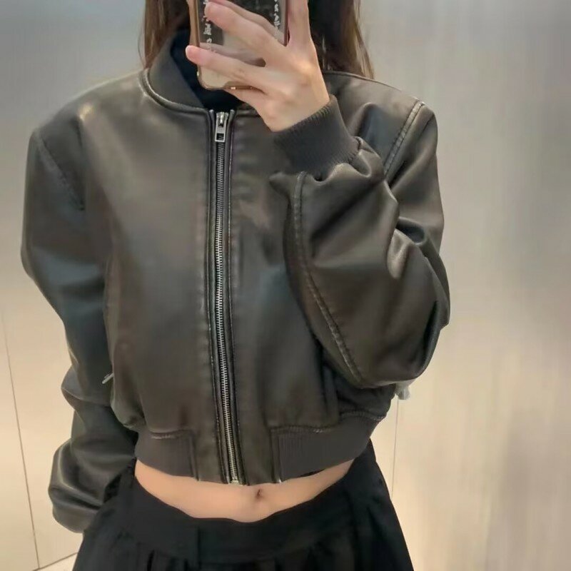Women Fashion Solid Leather Zip Up Jackets Autumn Winter O Oeck Long Sleeve Streetwear Coat 2024 Ladies Causal Loose Tops