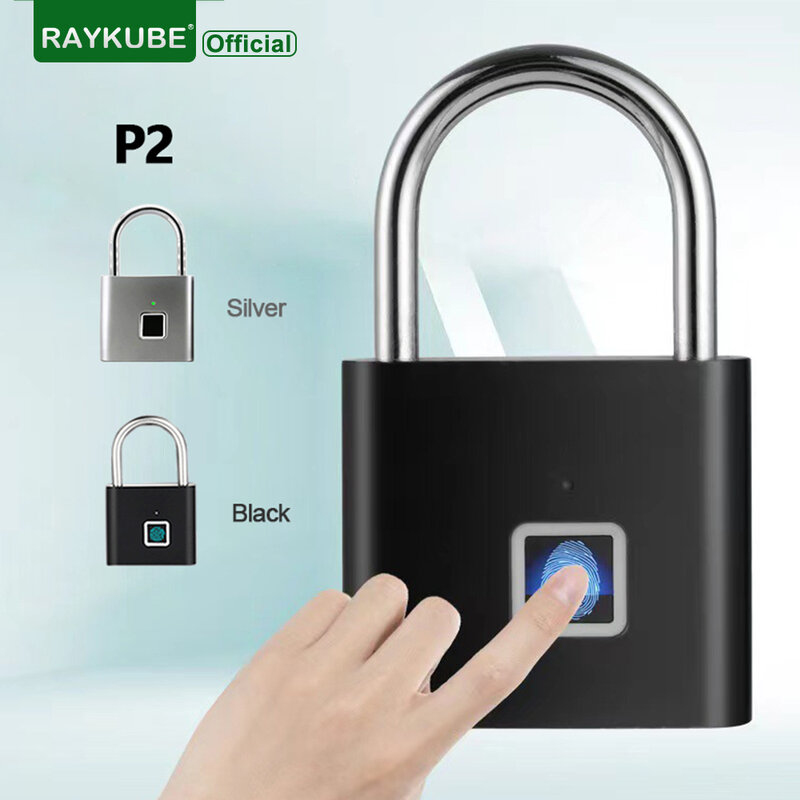 RAYKUBE-P2 Cadeado de impressão digital inteligente, liga de zinco impermeável, Cadeados biométricos com bateria recarregável embutida, carga USB