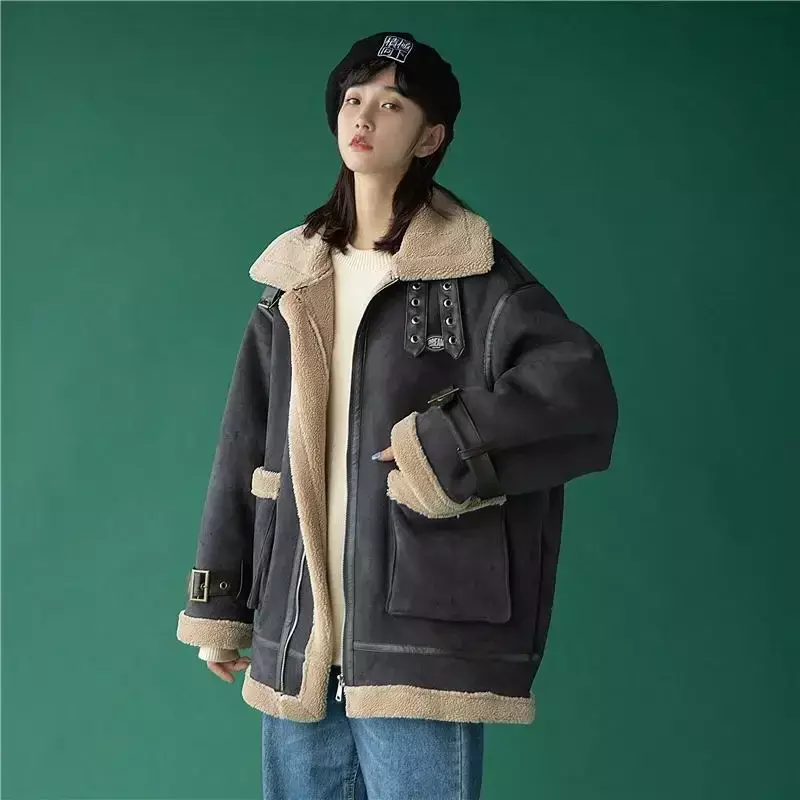 Giacca in lana di agnello per donna 2022 nuova giacca in cotone peluche, giacca da moto ampia e ispessita, pelliccia di peluche integrata