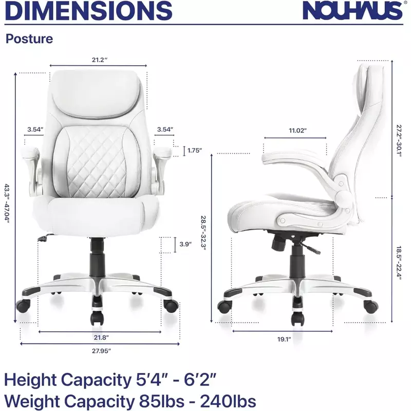 Chaise de bureau ergonomique en cuir avec accoudoirs, support de taille en 5 clics, chaise de direction moderne, bureau et chaise d'ordinateur, blanc