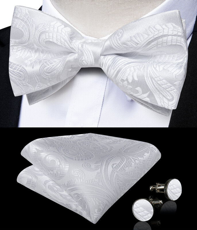 Suspensórios de seda branca de luxo ajustável 6 clipes suspensórios DiBanGu couro de metal pré-amarrado Bow Tie broche bolso quadrado conjunto