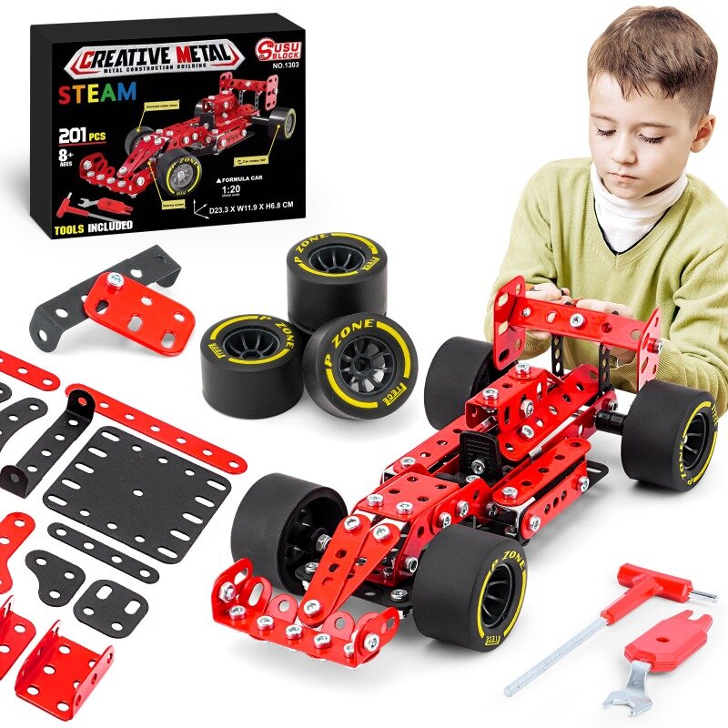 ของเล่นบล็อกของเล่นสำหรับเด็กของเล่นถอดชิ้นส่วนได้ทำจากโลหะใหม่พาดลำตัวสำหรับแข่งสร้างสมการของ F1กล่องของขวัญ