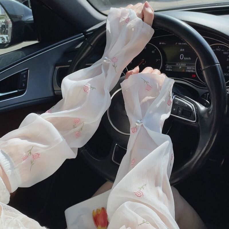 Mangas de hielo de girasol ensanchadas sueltas bordadas con protección UV, mangas delgadas de protección solar para mujer