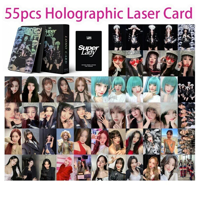 KPOP 55 sztuk/zestaw (G)I-DLE laserowa mała karta 2. Album Super Lady Hologram fotokartka kartka MINNIE YUQI MIYEON