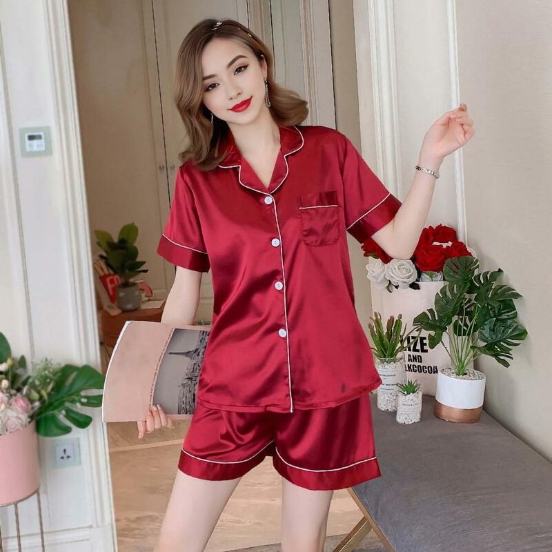 Conjunto de pijama de verano para mujer, ropa de dormir informal con cuello vuelto, bolsillo en el pecho, cintura elástica, 2 piezas para mayor comodidad
