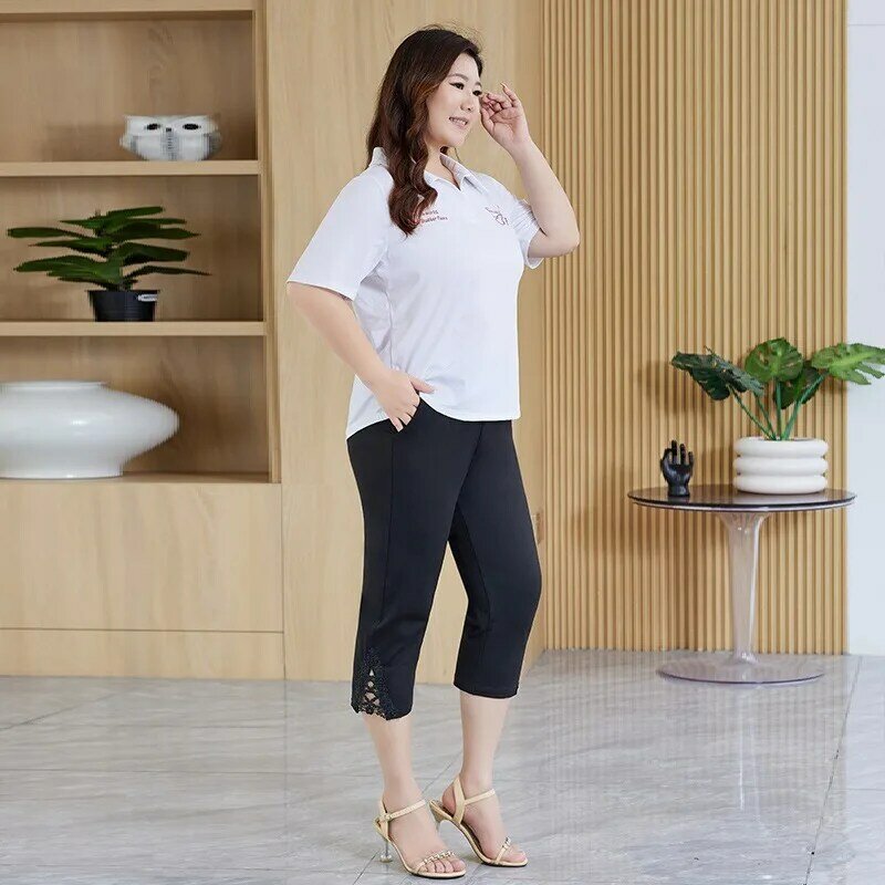 Summer Plus Size 5XL 6XL Women Cropped Stretched High Waisted Oversized 100 KG Female Trousers Cropped Black Pants