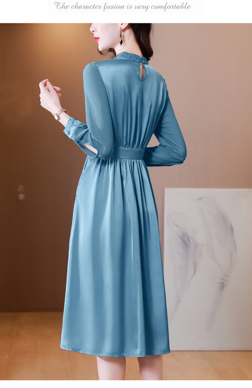 2023 Autumn New Silk Long Heavy Industry Embroidered Satin Long Sleeve Dress O-Neck Loose Large Size Slim Knee Length Gown