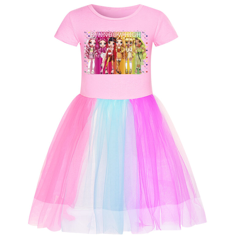 Новое Радужное высокое платье для маленьких девочек, повседневные платья с коротким рукавом, детское свадебное платье на день рождения, Детские наряды на Хэллоуин