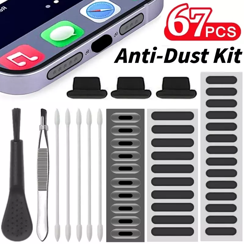 Enchufe antipolvo Universal para teléfono móvil, adhesivo de malla antipolvo para iPhone, Samsung, Mi, Protector de puerto de carga, Juego de cepillos de limpieza