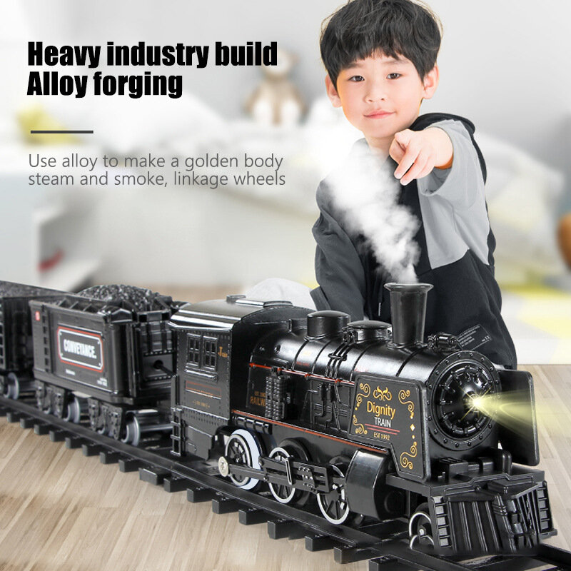 Música eléctrica ligera, tren de pista clásico de aleación de humo, locomotora de vapor Retro, modelo de riel de 103cm, juguetes para niños