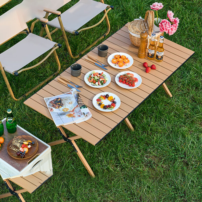 Mesa plegable portátil de acero al carbono, silla de playa, grano de madera, ideal para acampar al aire libre, almuerzo turístico