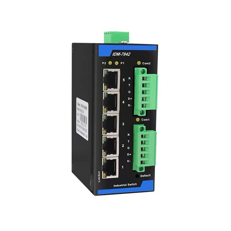 IDM-7842 Modbus gateway, aislamiento óptico de 2 canales, puerto serie RS485/232, interruptor Ethernet de 5 puertos, tcp