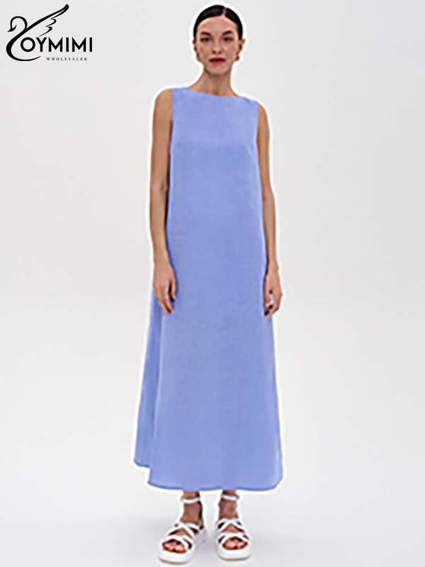 Oymimi Casual Blue Cotton Womens Dresses Summer O-Neck Simple Sleeveless Dresses Streetwear Elegant New Straight Mid-Calf Dress