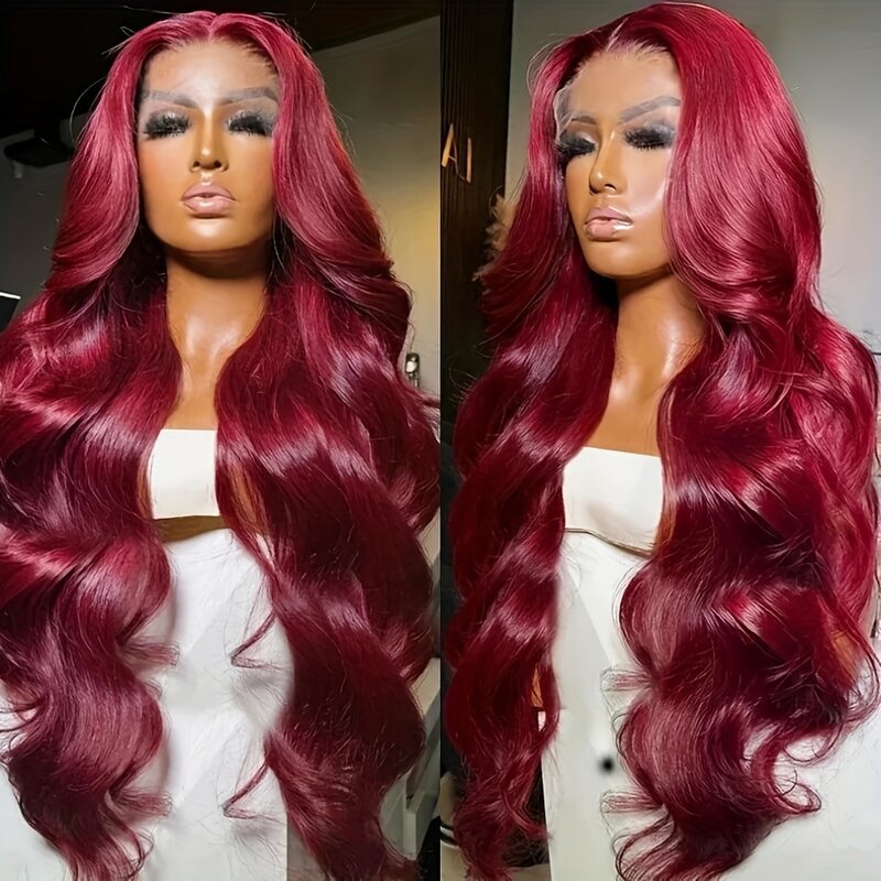Peluca de cabello humano ondulado para mujer, postizo de encaje Frontal 13x6 Hd, 99J color rojo borgoña, 13x4