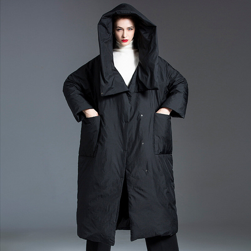 여성용 다운 재킷 중간 길이, 두꺼운, 무릎 위 다운 재킷, 후드, 90 화이트 덕 다운 재킷, 2023