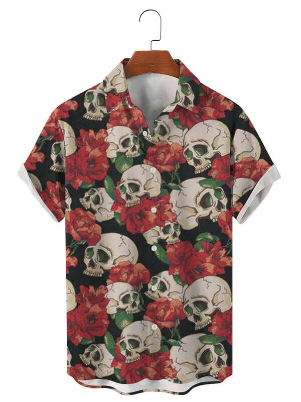 유니섹스 패션 해골 꽃무늬 남성 셔츠, 재미있는 해골 3D 인쇄 스트리트웨어, 반팔 하와이 셔츠, 프린트 라펠 셔츠