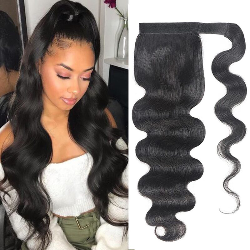 Body Wave Ponytail Human Hair Wrap Around Long Remy Hair Extensions 12-26 Inch 120g Natural Black #1B For Salon High Quality