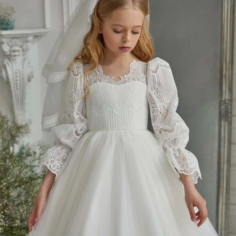 White Fluffy Tulle Full Sleeve Floor Length Flower Girl Dress For Wedding Elegant Princess Birthday Party First Communion Gowns