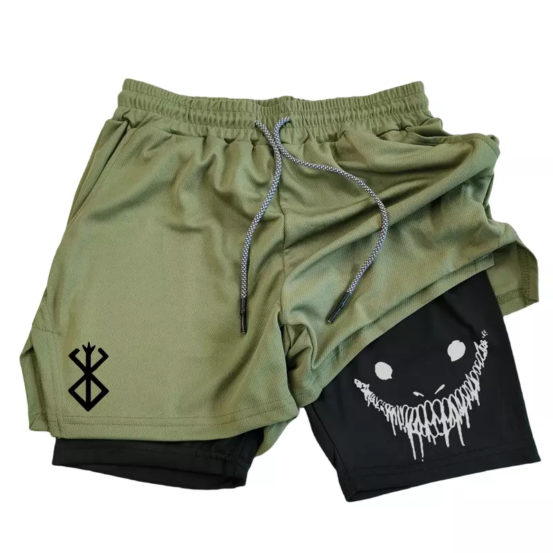 2 in 1 Sports Shorts Men Fitness Gym Training Quick Dry Shorts Workout Jogging Double Deck Summer Anime Berserk