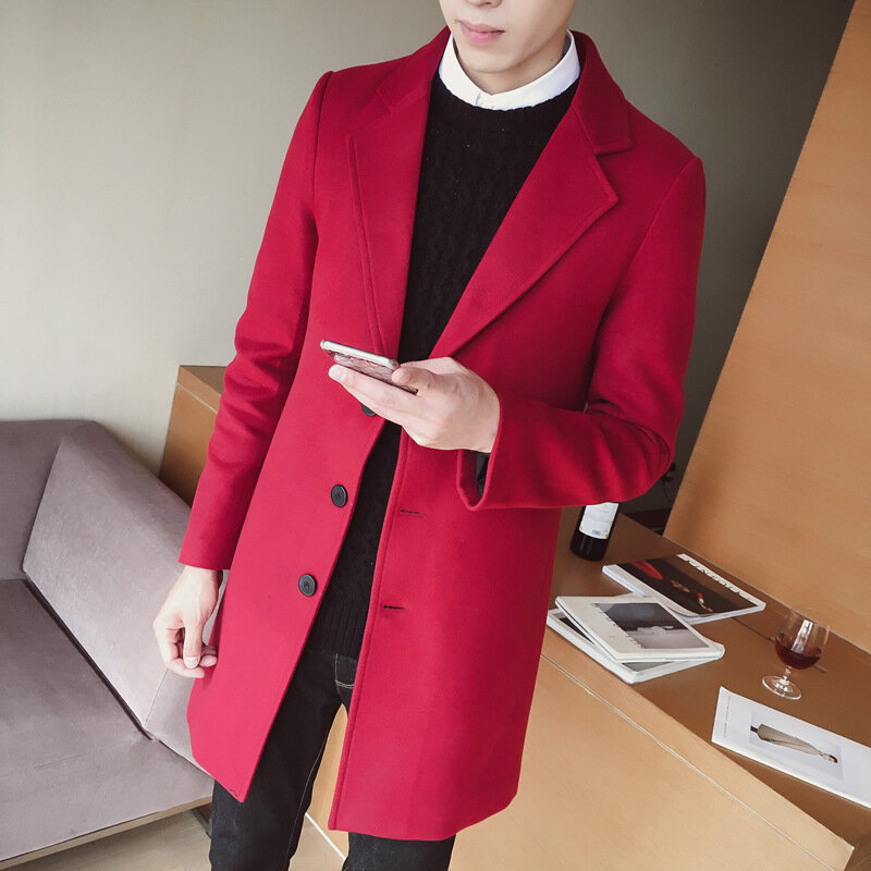 Осенне-зимнее мужское шерстяное пальто, ветровка, тренчкот средней длины, корейское приталенное шерстяное пальто, британское пальто, ветровка