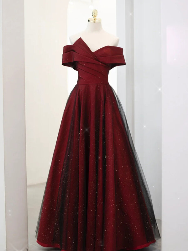 Elegante vestido de casamento vermelho feminino, Off-Ombro, Francês, Noivado, Casual, Novo, 2024