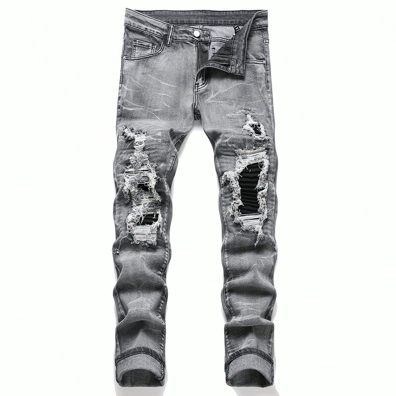 Jeans elasticizzati in Denim da uomo Streetwear strappati con fori Patchwork strappati pantaloni Casual in vita elastica in Denim pantaloni dritti Slim fit