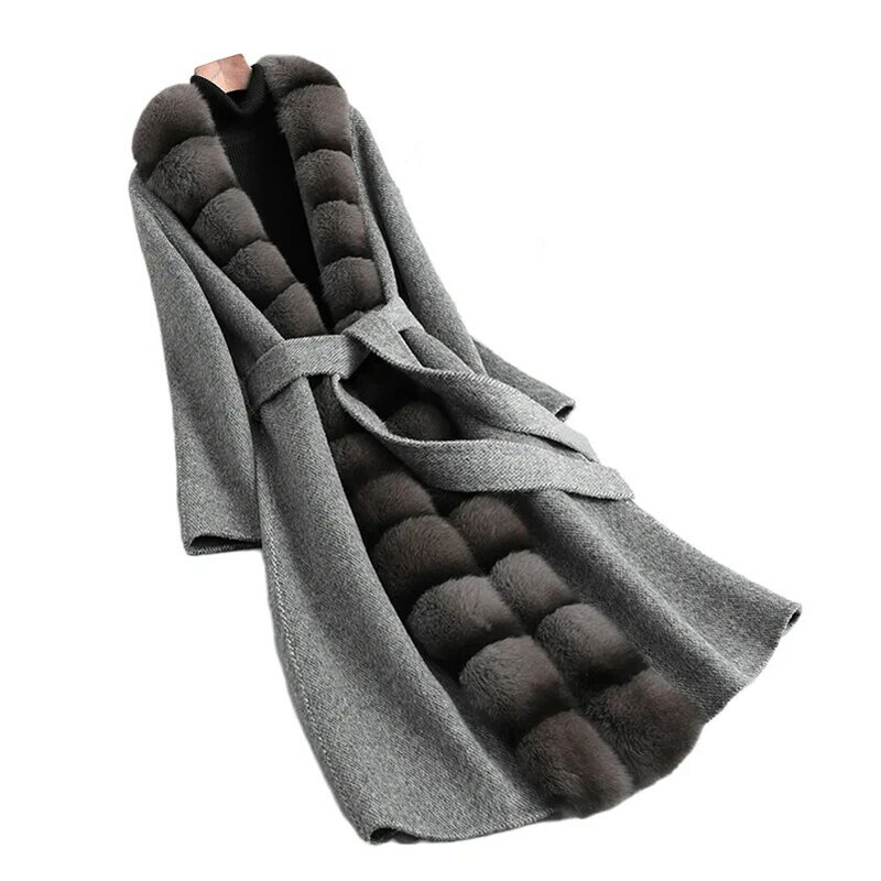 Aorice-abrigo de lana de lujo para mujer, chaqueta con cuello de piel de zorro, abrigo largo de talla grande, Parka, CT2120