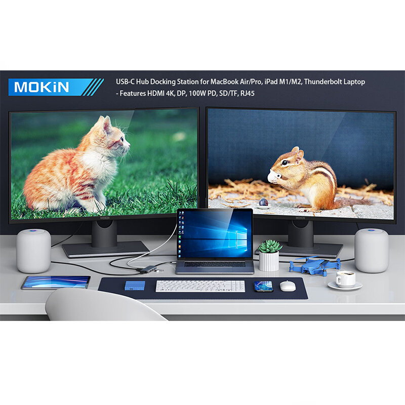 MOKiN USB-C Hub Docking Station voor MacBook Air/Pro, iPad M1/M2, Thunderbolt Laptop - Kenmerken HDMI 4K, DP, 100W PD, SD/TF, RJ45