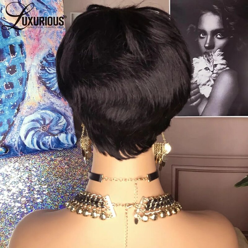 Curta peruca de cabelo humano virgem brasileira para mulheres negras, máquina feita, reta, pré arrancadas, desgaste e ir, Pixie Cut, Glueless