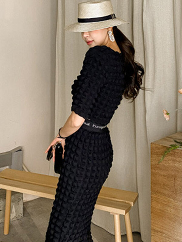 Elegant Chic Black 2 Piece Outfits Mulheres Casual Y2K Short Cropped Tops Camisa Blusa Senhora Cintura Alta Split Midi Saia Set Street