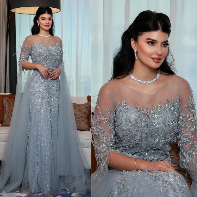 Yipeisha Prom Dress Exquisite Jewel A-line Floor Length Dresses Sequin Feathers Tulle Customized Saudi Arabia